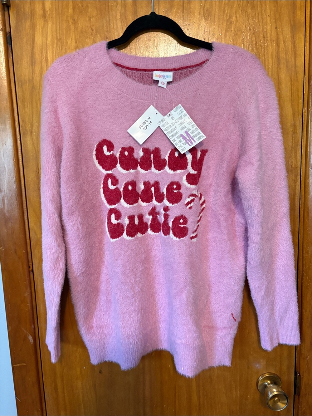 NWT LuLaRoe Women's Pink Fuzzy Crewneck with Red Holiday Graphic - Size M